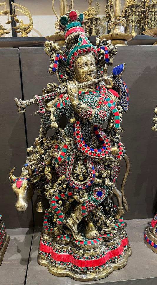 Brass Cow Krishna with Intricate Stonework