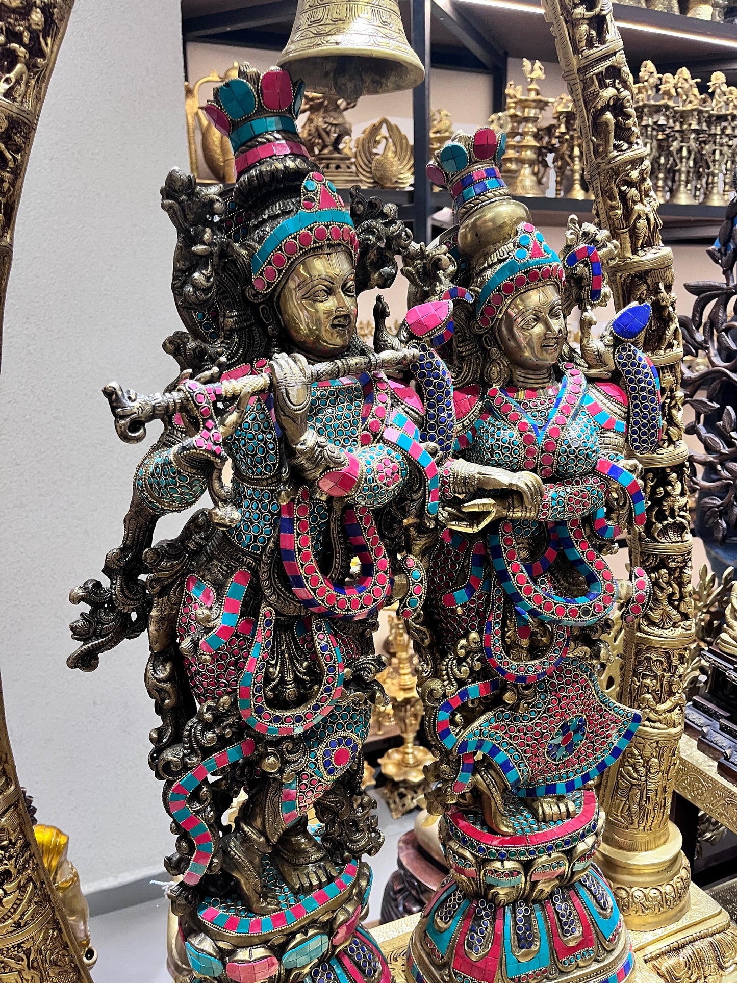 Exquisite Stonework Brass Radha Krishna Idols – 4 Feet